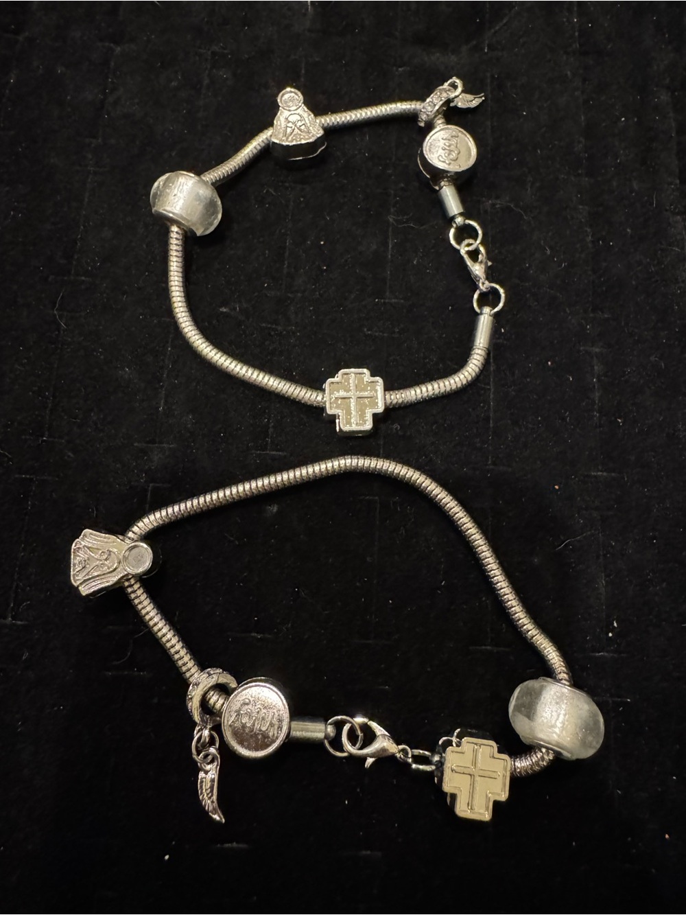2 Religious Faith Charm Bracelets Silver Tone Cross Angel Wing Christian Jewelry